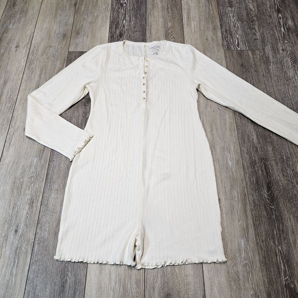 Aerie Very Soft Ribbed Long Sleeve Lounge Wear Romper Cream Women's Large